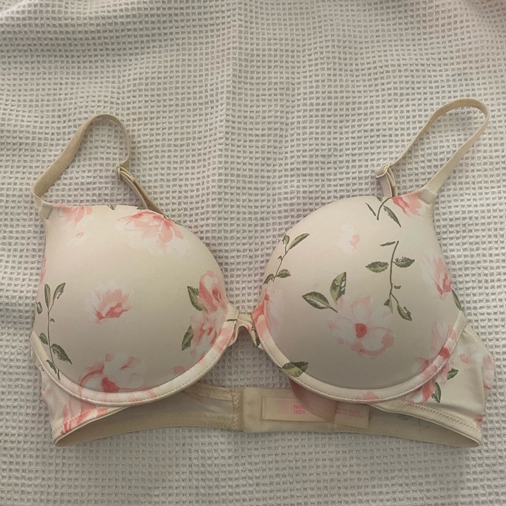 PINK white floral padded bra, like new - 32C
